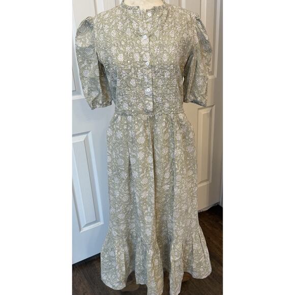 Beau & Ro Annika Dress Sz S Sage Floral Pintuck Ruffle Cottagecore Prairie Maxi - Picture 1 of 14